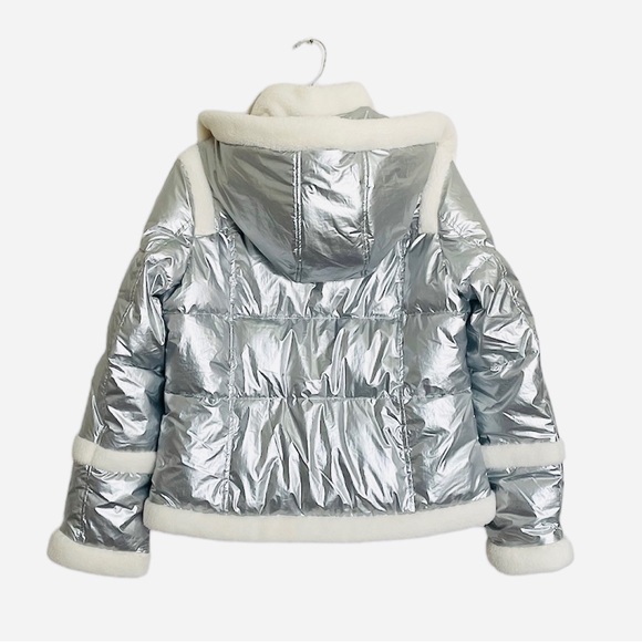 Sam Edelman METALLIC FLEECE TRIM HOODED PUFF COAT IN SILVER NWT - Picture 5 of 14